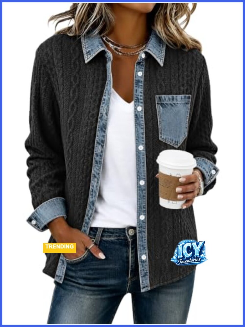 Womens Denim Patchwork Shacket Loose Button Down Long Sleeve Casual Jacket Coat